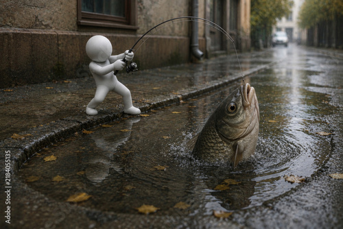 White figure catches a large fish from a flooded street.