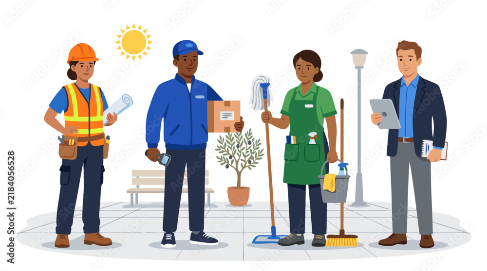Obraz premium Flat vector illustration of diverse professional employees standing together wearing different work uniforms representing construction delivery cleaning and office business roles employment concept