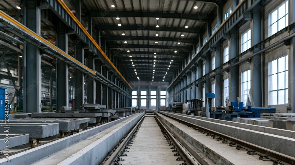 Obraz premium Long industrial hall with concrete beams on tracks steel beams overhead and letting in natural light