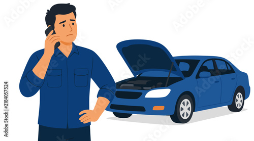 Concerned Man in Blue Work Shirt Using Unbranded Cell Phone to Call Roadside Assistance Beside Broken Down Blue Car with Open Hood on Road Shoulder, Flat Bold Colors Vector Illustration