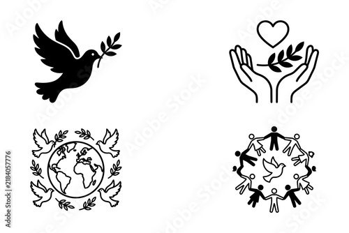 Collection of black and white hand drawn icons representing world peace and global unity symbols