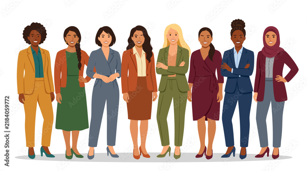 Obraz premium Diverse Group of Confident Professional Women in Flat Color Business Attire Standing Together Vector Illustration - professional high resolution commercial stock detailed commercial stock imagery