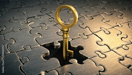 Golden key inserted into a missing piece of metallic puzzle background