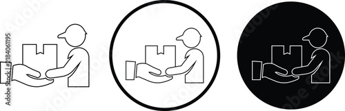 Delivery courier hand delivering package box to customer receiver hand icons set in black line styles. Shipping logistics freight transport cargo service supply chain ecommerce vectors illustration.