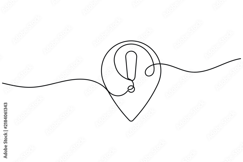 Fototapeta premium Location pin line art with exclamation mark in continuous one line drawing style featuring editable stroke vector