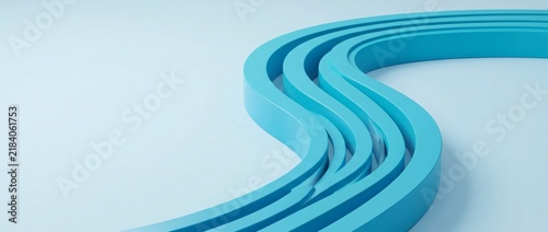 Flowing geometry, turquoise channels sweep through a broad curve across a pale blue surface. Raised parallel walls cast narrow shadows along the smooth bends beneath soft even studio lighting.