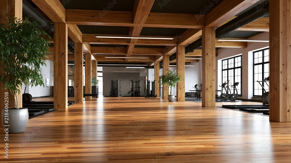 Obraz premium Spacious gym with exposed wooden beams polished hardwood floors and large letting in natural light