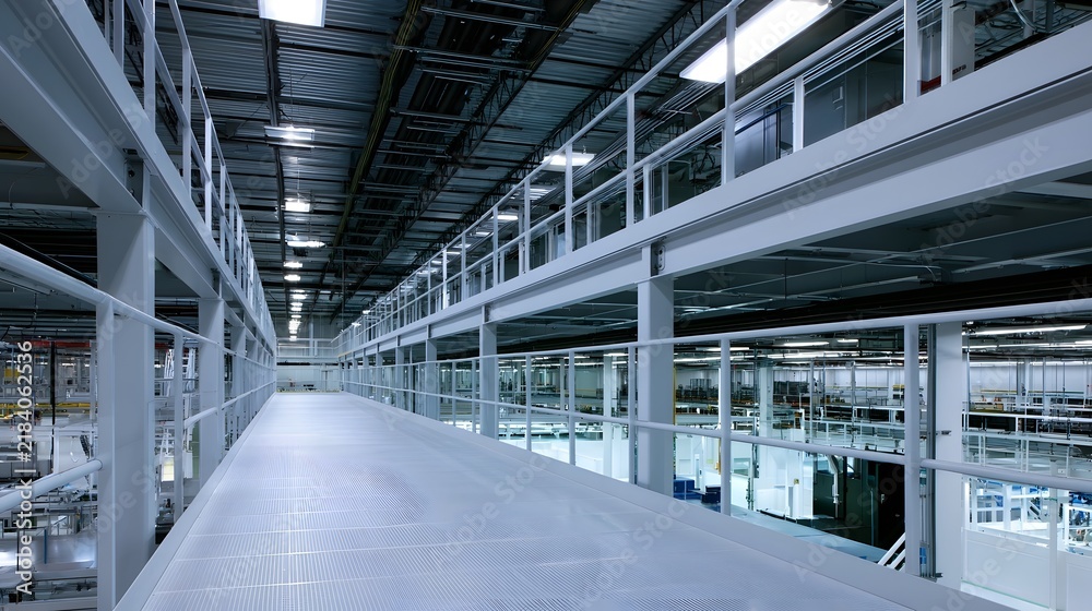 Obraz premium A long elevated walkway in a modern industrial facility with multiple levels metal railings and bright overhead lighting