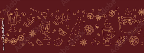 Seamless border featuring mulled wine, hot drink ingredients, wine bottle, winter beverage, spices and orange slice doodles. Horizontal linear pattern for christmas recipe web headers.