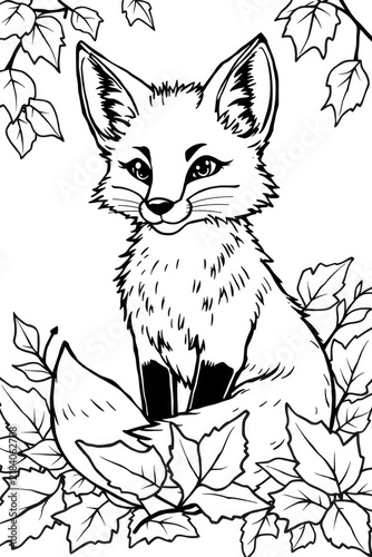 A black and white line art outline of a fox surrounded by leaves for coloring. Children book page design template, creative hobby activity sheet.