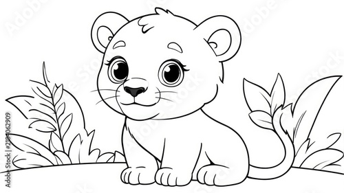 A black and white outline drawing of a cute little lion cub sitting near tropical leaves. Children book coloring page layout template, creative educational hobby sheet.