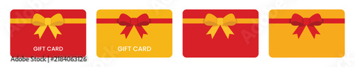 Set of four gift cards with red and yellow colors, decorated with ribbons and bows, flat vector illustration design elements for holidays and shopping events