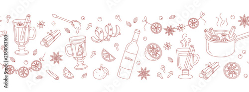 Seamless border featuring mulled wine, hot drink ingredients, wine bottle, winter beverage, spices and orange slice doodles. Horizontal linear pattern for christmas recipe web headers.