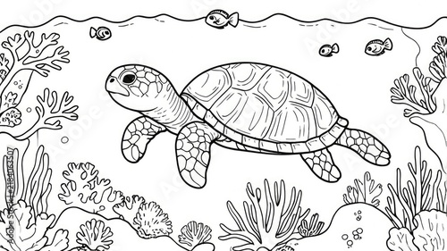 An educational coloring page template with an outline sketch of a friendly sea turtle swimming underwater. Kids activity sheet design, cartoon marine animal graphic vector.