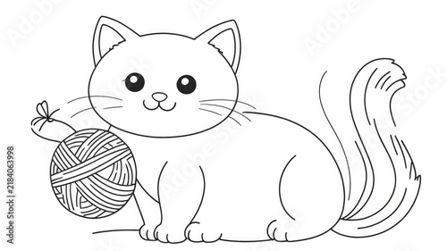 A black and white outline drawing of a cute domestic cat sitting near a yarn ball. Children book coloring page layout template, creative educational hobby sheet.
