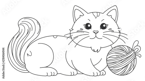 An educational coloring page template with an outline sketch of a friendly cartoon cat lying next to a yarn ball. Kids activity sheet design, cartoon domestic pet graphic vector.