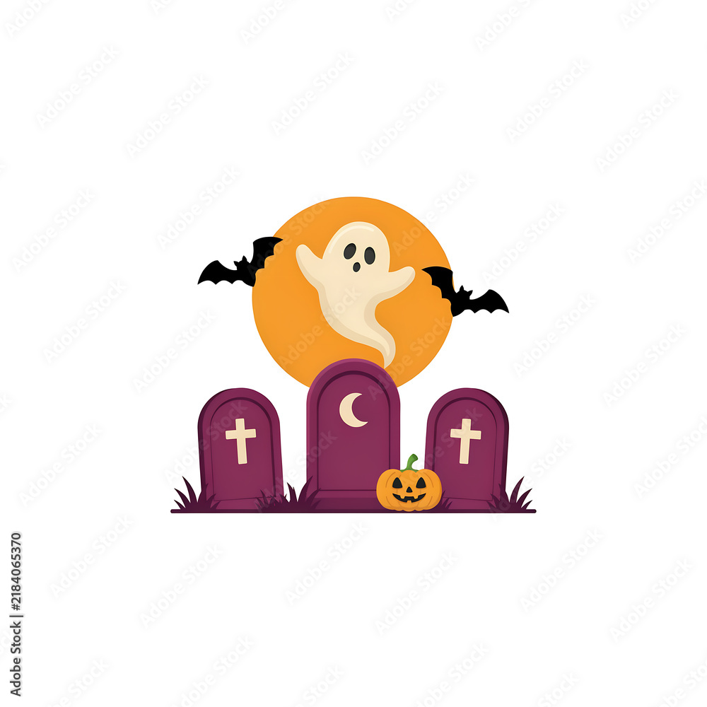 Fototapeta premium A whimsical ghost floats above purple tombstones and a pumpkin isolated on a transparent background