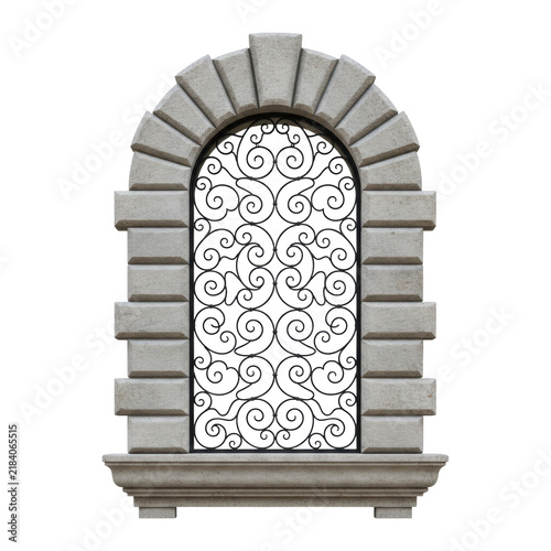 Isolated Italian Renaissance window architrave with arched black wrought iron frame, intricate scrollwork, light-gray rusticated stone, molded sill, transparent studio background. Architectural study