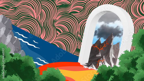 Surreal collage landscape with 70s retro psychedelic wavy sky, green hills, blue river, and arch portal to volcanic world
