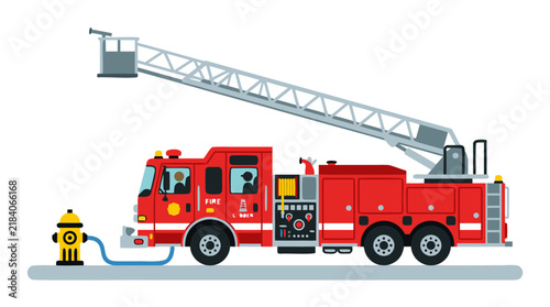Red Fire Truck With Extended Ladder Parked Beside Yellow Fire Hydrant, Flat Vector Illustration With Clean White Background, Emergency Vehicle Concept Art - professional
