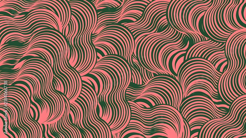 Abstract retro 70s wavy pattern background with pink and dark green swirling lines