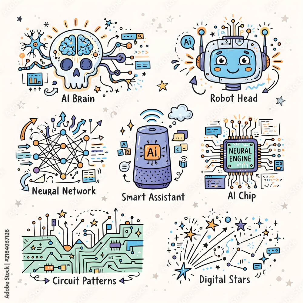 Obraz premium Artificial intelligence concepts with icons for brain robot network assistant chip and circuits on a light background