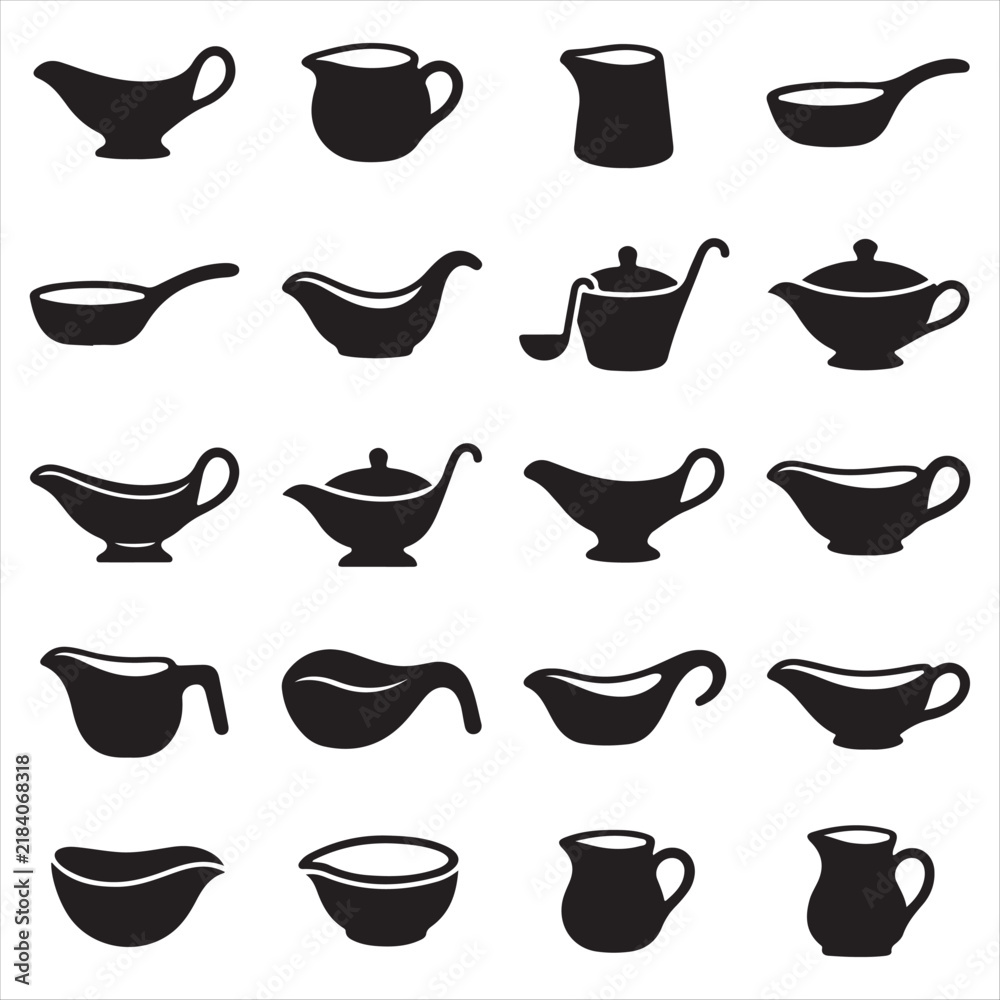 Obraz premium Set of black icons showing gravy boats and various ceramic sauce containers with gravy boat ceramic container kitchen utensils tableware icons sauce bowl serving dish table service culinary ico