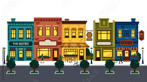 Colorful row of restaurant buildings along city street with warm lit windows, hanging signs, and small trees, flat vector illustration urban dining scene - professional detailed commercial stock