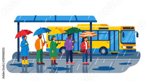 Diverse People with Colorful Umbrellas Waiting at Bus Stop in Rain with City Bus Arriving and Puddles on Wet Sidewalk Urban Commute Flat Vector Illustration - detailed commercial stock imagery with