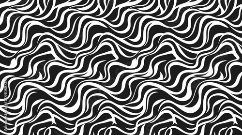Seamless Repeating Pattern of Flowing Wavy Lines in White on Black Background, Abstract Optical Illusion Vector Design with Soft Highlights and Shadows for Graphic Design