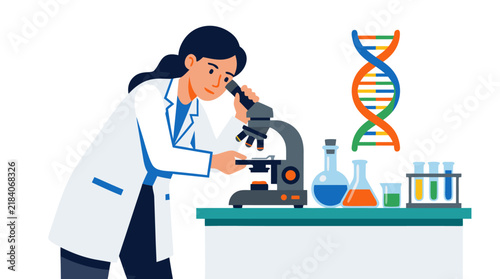 Female Scientist in Lab Coat Peering Through Microscope with DNA Helix and Colorful Chemistry Flasks Test Tubes, Flat Bold Vector Illustration for Science Research Education