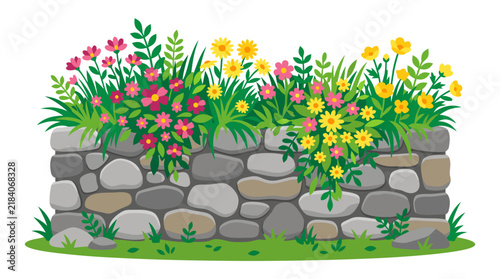 Rustic stone garden wall overflowing with vibrant pink and yellow wildflowers, lush green grass and foliage, cheerful spring blooming border with colorful floral clusters isolated on white background