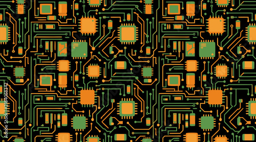 Seamless Tileable Pattern of Orange and Green Digital Circuit Traces with Capacitors and Microchips on Black Background - Vector Electronics Technology Illustration for Web and Print Design