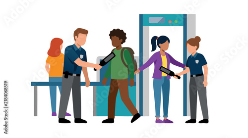 Airport security checkpoint with uniformed male and female officers scanning diverse passengers with handheld metal detectors, x-ray luggage scanner in background, flat color vector illustration