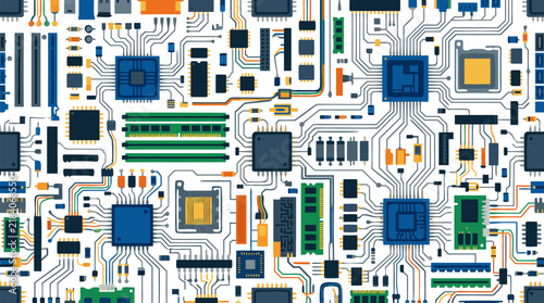 Seamless Motherboard Technology Pattern Electronic Circuit Board Components Flat Vector Illustration on White Background - professional high resolution commercial stock detailed commercial stock