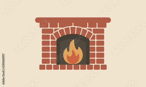 Foto Cozy Red Brick Fireplace Vector Illustration with Burning Fire Flame for Winter
