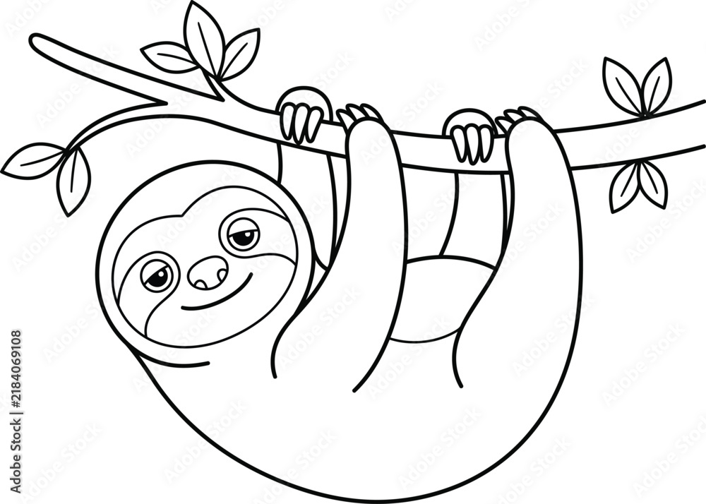 Obraz premium A cute cartoon sloth hanging from a tree branch in a simple black and white line art style for kids coloring pages