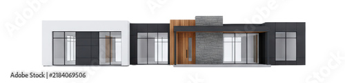 Single-story contemporary house with white stucco, charcoal siding, cedar slats, black-framed windows, slate stone porch on white studio background, copy space. Concept of modern architecture luxury