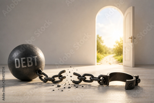 Broken chain connecting a heavy debt ball and open shackle with a bright doorway in the background. Concept of becoming debt free, financial freedom, debt relief and overcoming financial burden.
