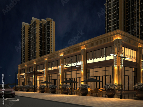 building at night. 3d render shopping mall exterior view.