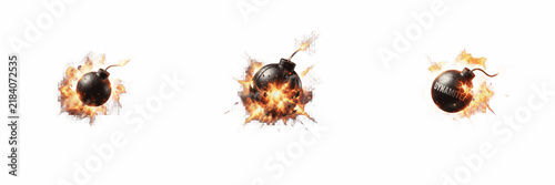 Fotografie Burning Bombs PNG Bundle: Exploding Round Explosive Ordnance with Fire Sparks an