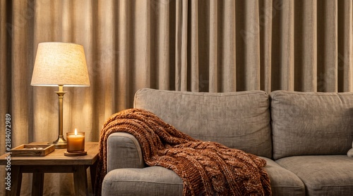 Cozy Living Room Interior with Sofa, Knitted Blanket, Table Lamp, and Scented Candle