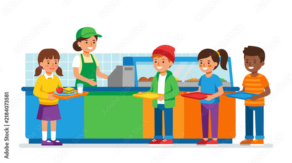 Fototapeta premium Students Standing in Line at School Cafeteria Counter Receiving Trays of Food from Friendly Server Flat Color Vector Illustration - professional high resolution detailed commercial stock imagery
