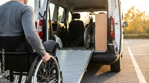 Man in wheelchair preparing to ascend metallic ramp into white accessible transport van parked in outdoor asphalt lot during golden hour sunset lighting.