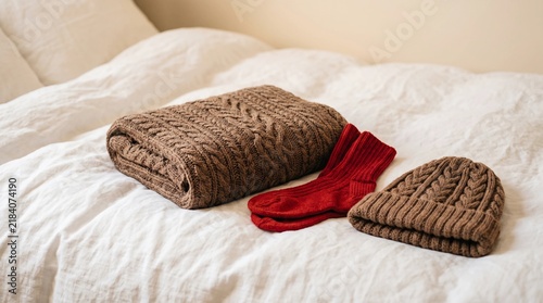 Folded Knitted Blanket, Beanie, and Red Wool Socks on Bed Linen