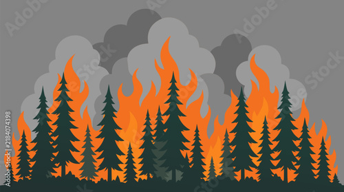 Forest Fire Wildfire Burning Tall Pine Trees with Bright Orange Flames and Billowing Gray Smoke Against Solid Gray Background Environmental Disaster Danger Concept Vector Illustration Flat Design
