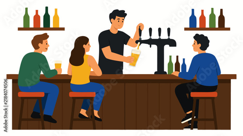 Flat vector illustration of bartender pouring draft beer from tap at bar counter while customers sit on stools, social gathering scene with bottles on shelves, bold colorful modern design