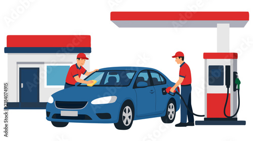 Two professional gas station attendants in matching red uniforms servicing a blue sedan, one cleaning the windshield while the other pumps fuel at a modern petrol station with red and white pumps