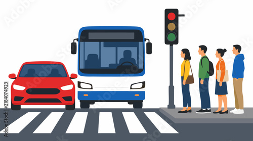 Flat vector illustration of red car and blue city bus stopped at red traffic light on zebra crosswalk with diverse pedestrians waiting on sidewalk curb busy urban city intersection street scene