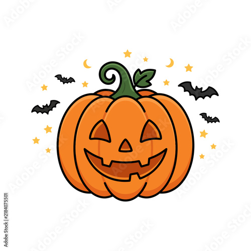 Cheerful Halloween Jack O Lantern Pumpkin Surrounded by Bats and Stars Icon
